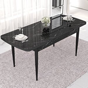 Nef Serisi 70x114 Açılabilir Mdf Siyah Mermer Desen Masa Takımı Ve 4 Krem Sandalye