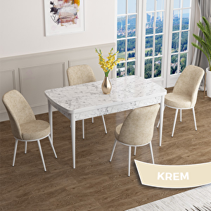 Han Serisi 70x114 Açılabilir Mdf Beyaz Mermer Desen Masa Takımı Ve 4 Krem Sandalye Krem