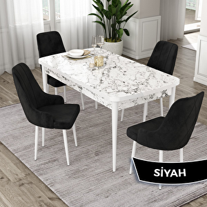 Eta Serisi 80x132 Açılabilir Mdf Beyaz Mermer Desen Masa Takımı Ve 4 Siyah Sandalye Siyah