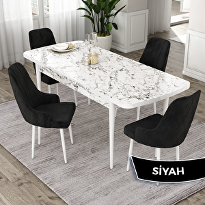 Eta Serisi 80x132 Açılabilir Mdf Beyaz Mermer Desen Masa Takımı Ve 4 Siyah Sandalye Siyah