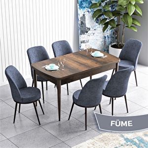 Han Serisi 70x114 Açılabilir Mdf Barok Ahşap Desen Masa Takımı Ve 6 Füme Sandalye Füme
