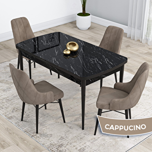 Kar Serisi 80x132 Açılabilir Mdf Siyah Mermer Desen Masa Takımı Ve 4 Cappucino Sandalye Cappucino