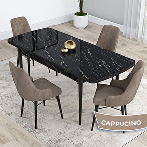 Kar Serisi 80x132 Açılabilir Mdf Siyah Mermer Desen Masa Takımı Ve 4 Cappucino Sandalye Cappucino