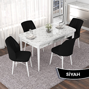 Nef Serisi 70x114 Açılabilir Mdf Beyaz Mermer Desen Masa Takımı Ve 4 Siyah Sandalye Siyah
