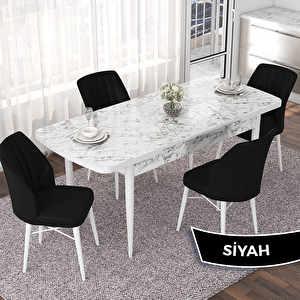 Nef Serisi 70x114 Açılabilir Mdf Beyaz Mermer Desen Masa Takımı Ve 4 Siyah Sandalye Siyah