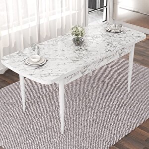 Nef Serisi 70x114 Açılabilir Mdf Beyaz Mermer Desen Masa Takımı Ve 4 Siyah Sandalye
