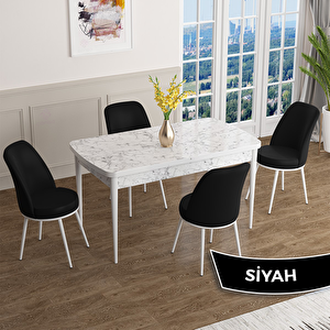 Han Serisi 70x114 Açılabilir Mdf Beyaz Mermer Desen Masa Takımı Ve 4 Siyah Sandalye Siyah