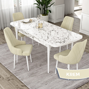 Eta Serisi 80x132 Açılabilir Mdf Beyaz Mermer Desen Masa Takımı Ve 4 Krem Sandalye Krem