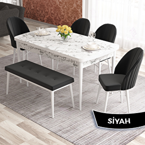 Elf Serisi 80x132 Açılabilir Beyaz Mermer Desen Masa Takımı 4 Siyah Sandalye Ve 1 Bench Siyah
