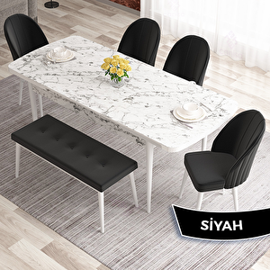 Elf Serisi 80x132 Açılabilir Beyaz Mermer Desen Masa Takımı 4 Siyah Sandalye Ve 1 Bench Siyah