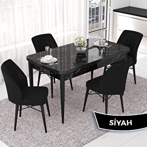 Nef Serisi 70x114 Açılabilir Mdf Siyah Mermer Desen Masa Takımı Ve 4 Siyah Sandalye Siyah