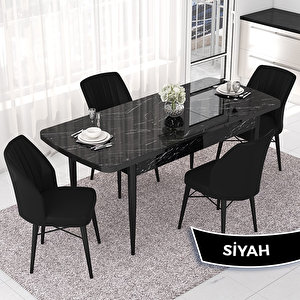 Nef Serisi 70x114 Açılabilir Mdf Siyah Mermer Desen Masa Takımı Ve 4 Siyah Sandalye Siyah