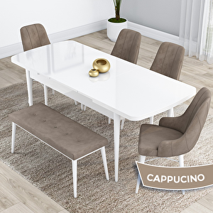 Kar Serisi 80x132 Açılabilir Mdf Beyaz Masa Takımı 4 Cappucino Sandalye Ve 1 Bench Cappucino