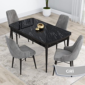 Kar Serisi 80x132 Açılabilir Mdf Siyah Mermer Desen Masa Takımı Ve 4 Gri Sandalye Gri