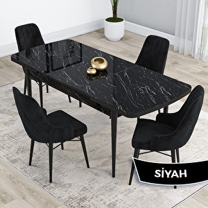 Kar Serisi 80x132 Açılabilir Mdf Siyah Mermer Desen Masa Takımı Ve 4 Siyah Sandalye Siyah