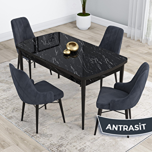 Kar Serisi 80x132 Açılabilir Mdf Siyah Mermer Desen Masa Takımı Ve 4 Antrasit Sandalye Antrasit