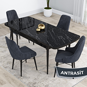 Kar Serisi 80x132 Açılabilir Mdf Siyah Mermer Desen Masa Takımı Ve 4 Antrasit Sandalye Antrasit