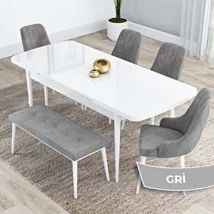 Kar Serisi 80x132 Açılabilir Mdf Beyaz Masa Takımı 4 Gri Sandalye Ve 1 Bench Gri