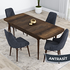 Kar Serisi 80x132 Açılabilir Mdf Barok Ahşap Desen Masa Takımı Ve 4 Antrasit Sandalye Antrasit
