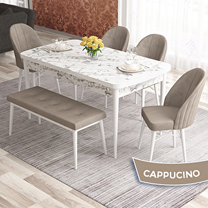 Elf Serisi 80x132 Açılabilir Beyaz Mermer Desen Masa Takımı 4 Cappucino Sandalye Ve 1 Bench Cappucino