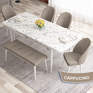 Elf Serisi 80x132 Açılabilir Beyaz Mermer Desen Masa Takımı 4 Cappucino Sandalye Ve 1 Bench Cappucino