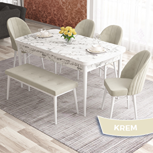 Elf Serisi 80x132 Açılabilir Beyaz Mermer Desen Masa Takımı 4 Krem Sandalye Ve 1 Bench Krem