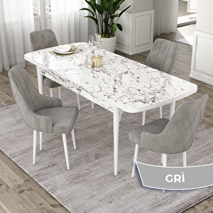 Eta Serisi 80x132 Açılabilir Mdf Beyaz Mermer Desen Masa Takımı Ve 4 Gri Sandalye Gri