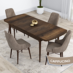 Kar Serisi 80x132 Açılabilir Mdf Barok Ahşap Desen Masa Takımı Ve 4 Cappucino Sandalye Cappucino