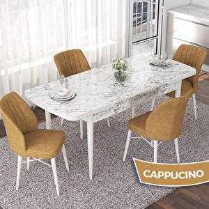 Nef Serisi 70x114 Açılabilir Mdf Beyaz Mermer Desen Masa Takımı Ve 4 Cappucino Sandalye Cappucino