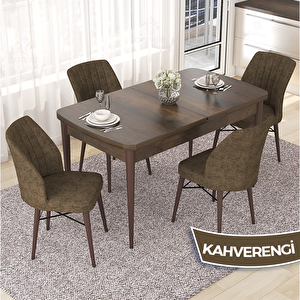 Nef Serisi 70x114 Açılabilir Mdf Barok Ahşap Desen Masa Takımı Ve 4 Kahverengi Sandalye Kahverengi