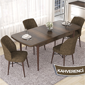 Nef Serisi 70x114 Açılabilir Mdf Barok Ahşap Desen Masa Takımı Ve 4 Kahverengi Sandalye Kahverengi