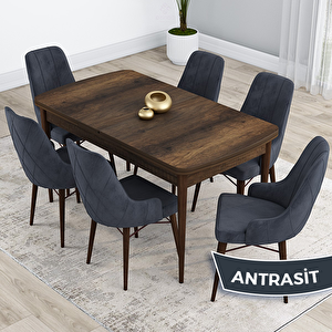 Kar Serisi 80x132 Açılabilir Mdf Barok Ahşap Desen Masa Takımı Ve 6 Antrasit Sandalye Antrasit