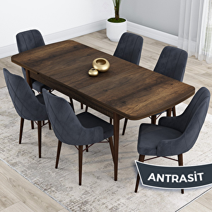 Kar Serisi 80x132 Açılabilir Mdf Barok Ahşap Desen Masa Takımı Ve 6 Antrasit Sandalye Antrasit