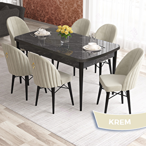 Elf Serisi 80x132 Açılabilir Siyah Mermer Desen Masa Takımı Ve 6 Krem Sandalye Krem
