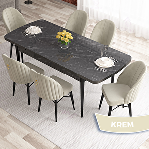 Elf Serisi 80x132 Açılabilir Siyah Mermer Desen Masa Takımı Ve 6 Krem Sandalye Krem