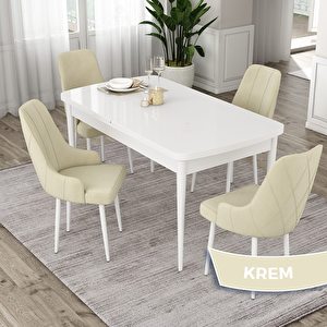 Eta Serisi 80x132 Açılabilir Mdf Beyaz Masa Takımı Ve 4 Krem Sandalye Krem