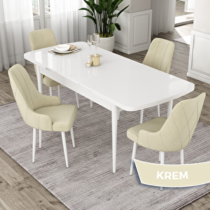 Eta Serisi 80x132 Açılabilir Mdf Beyaz Masa Takımı Ve 4 Krem Sandalye Krem