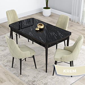 Kar Serisi 80x132 Açılabilir Mdf Siyah Mermer Desen Masa Takımı Ve 4 Krem Sandalye Krem