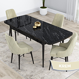 Kar Serisi 80x132 Açılabilir Mdf Siyah Mermer Desen Masa Takımı Ve 4 Krem Sandalye Krem