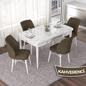 Nef Serisi 70x114 Açılabilir Mdf Beyaz Mermer Desen Masa Takımı Ve 4 Kahverengi Sandalye Kahverengi