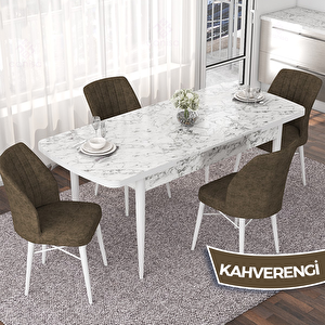 Nef Serisi 70x114 Açılabilir Mdf Beyaz Mermer Desen Masa Takımı Ve 4 Kahverengi Sandalye Kahverengi
