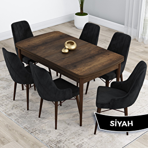 Kar Serisi 80x132 Açılabilir Mdf Barok Ahşap Desen Masa Takımı Ve 6 Siyah Sandalye Siyah