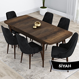 Kar Serisi 80x132 Açılabilir Mdf Barok Ahşap Desen Masa Takımı Ve 6 Siyah Sandalye Siyah