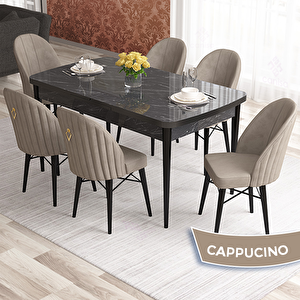 Elf Serisi 80x132 Açılabilir Siyah Mermer Desen Masa Takımı Ve 6 Cappucino Sandalye Cappucino