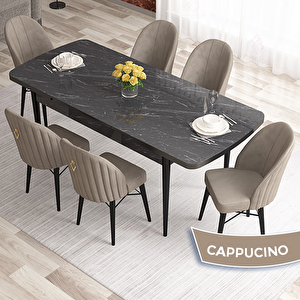 Elf Serisi 80x132 Açılabilir Siyah Mermer Desen Masa Takımı Ve 6 Cappucino Sandalye Cappucino