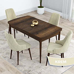 Kar Serisi 80x132 Açılabilir Mdf Barok Ahşap Desen Masa Takımı Ve 4 Krem Sandalye Krem
