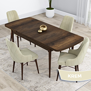 Kar Serisi 80x132 Açılabilir Mdf Barok Ahşap Desen Masa Takımı Ve 4 Krem Sandalye Krem