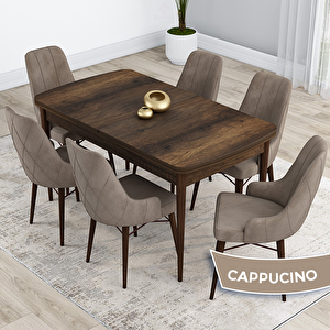 Kar Serisi 80x132 Açılabilir Mdf Barok Ahşap Desen Masa Takımı Ve 6 Cappucino Sandalye Cappucino