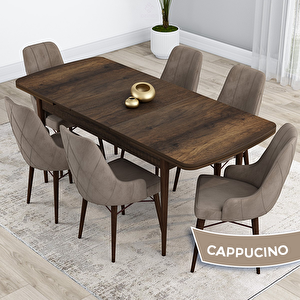 Kar Serisi 80x132 Açılabilir Mdf Barok Ahşap Desen Masa Takımı Ve 6 Cappucino Sandalye Cappucino