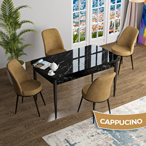 Han Serisi 70x114 Açılabilir Mdf Siyah Mermer Desen Masa Takımı Ve 4 Cappucino Sandalye Cappucino